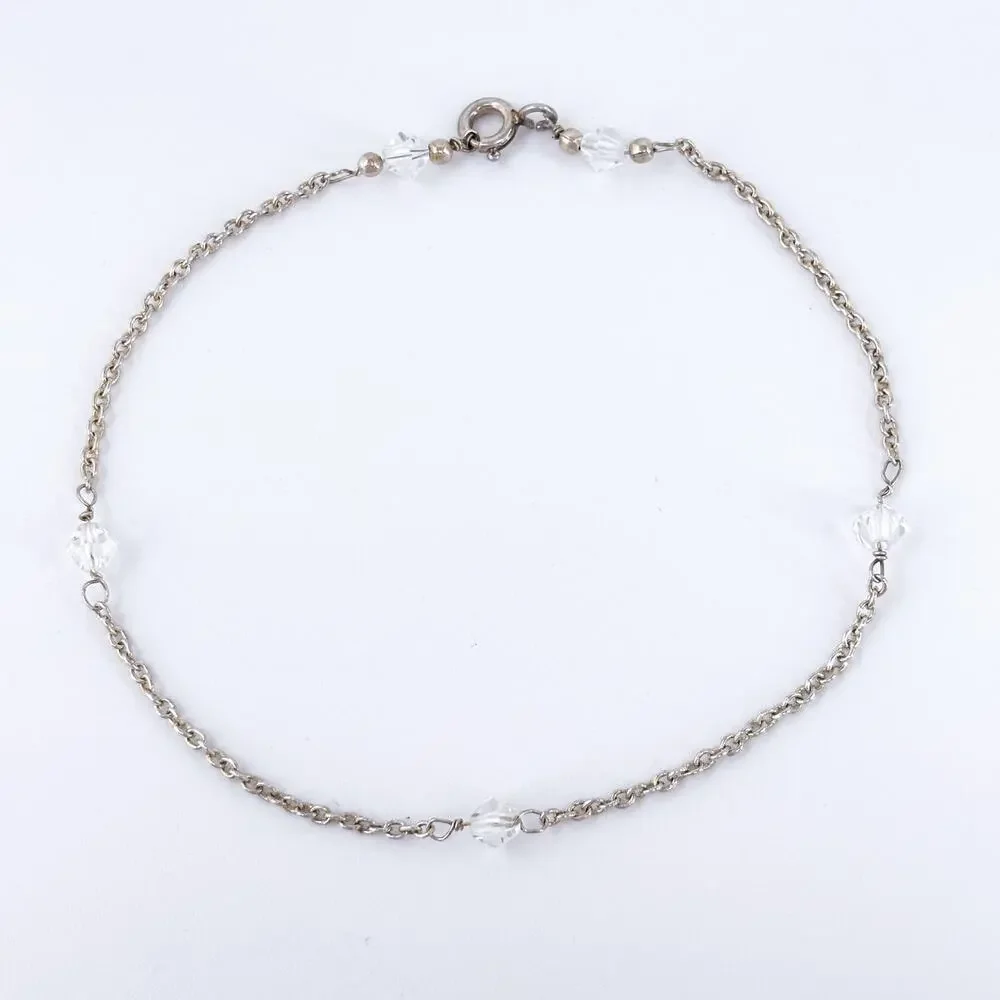 Vintage Sterling Silver 925 Dainty Crystal Station Chain Bracelet 7.5